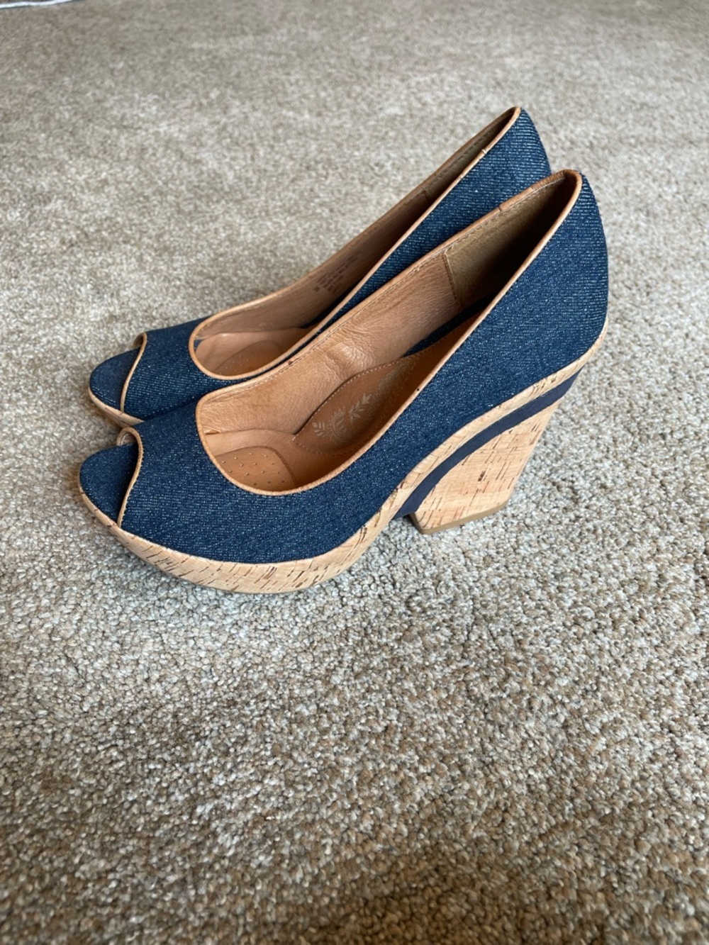 Sofft Navy Denim and Cork Platform Peep-Toe Pumps
